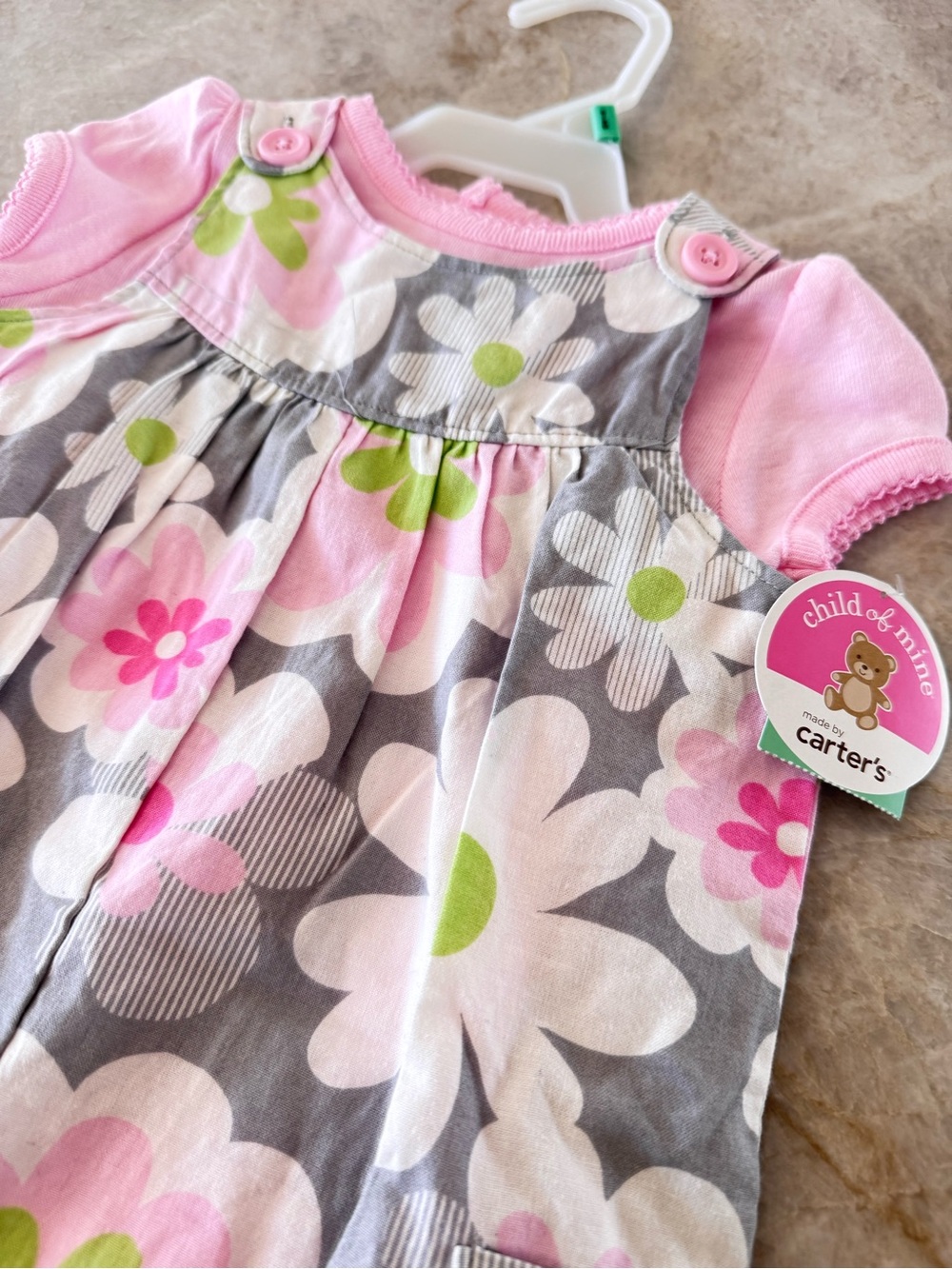 NWT Carter’s Child of Mine Floral Romper 6-9 Months Pink Gray Daisy One Piece
